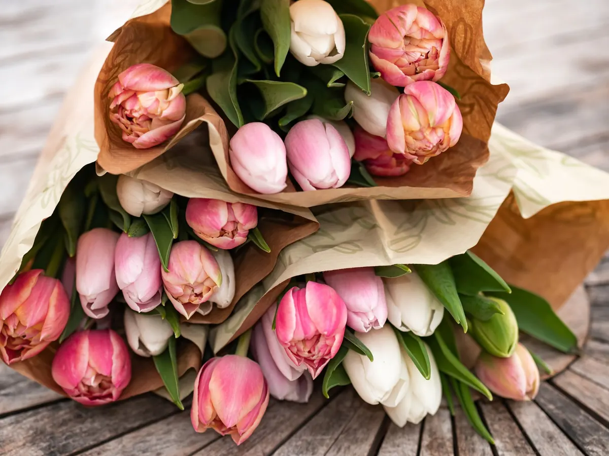 Bó tulip hồng và trắng gói giấy kraft đặt trên bàn gỗ
